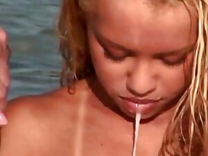 Blonde Beauty Gets Cum In Her Mouth In This Hot Threesome On The Beach