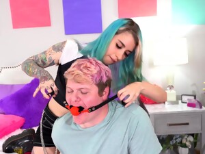 Blue Haired Pearl Sage Puts On A Strap On Toy To Fuck A Horny Dude