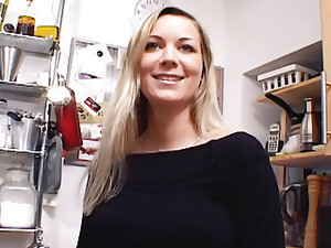 Outstanding German MILF With Huge Boobs Dildoing Her Shaved Muff In The Kitchen